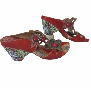 Elite By Corky's Leather Lubbock Kitten Heel Sandals Vibrant Floral 8 Artsy